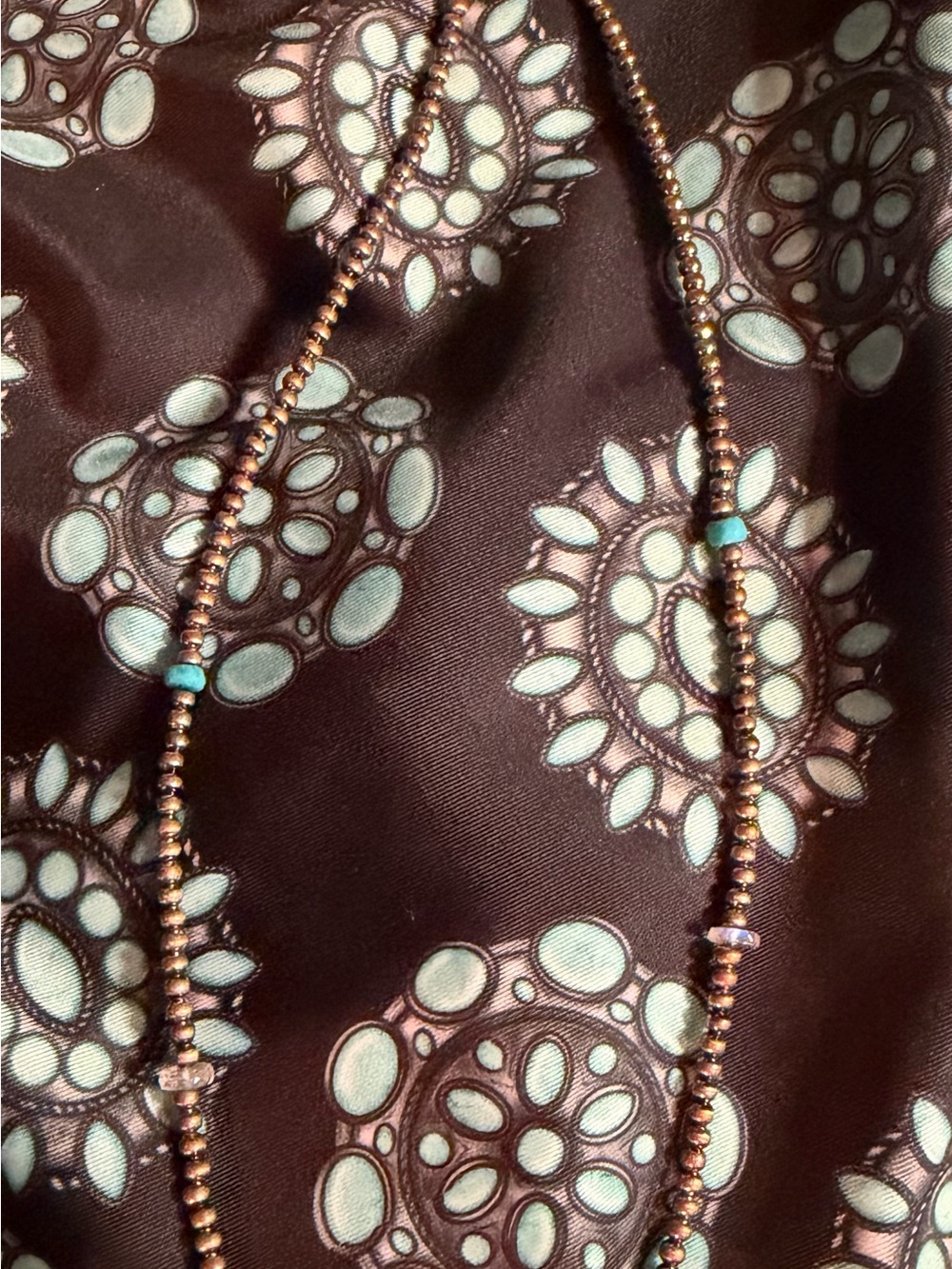 Beaded Necklace in Copper and Turquoise, Opal, and Spiny Oyster.